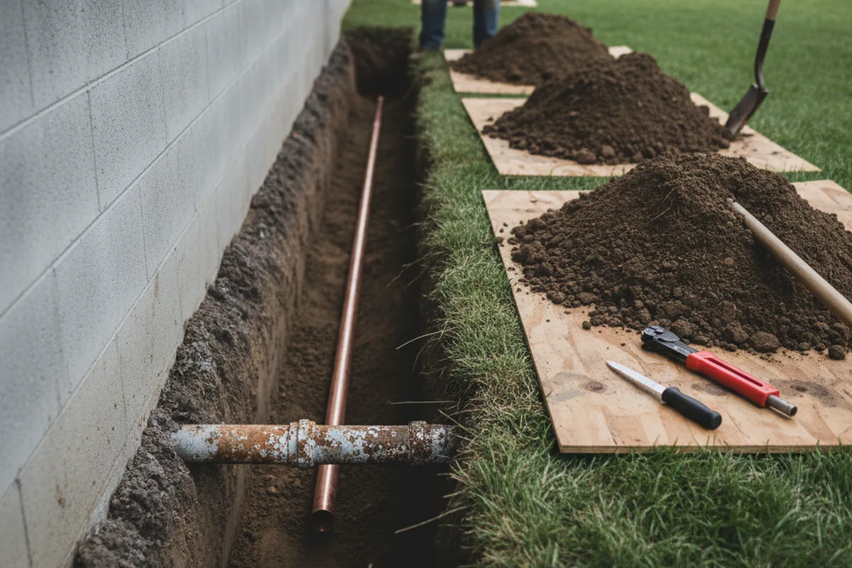 Excavated water line trench during Water Heater Repair in Lodi